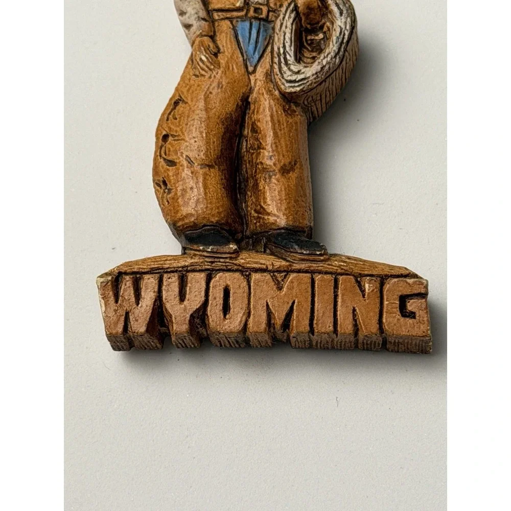 Vintage Wooden Wyoming Cowboy Shaped Refrigerator Magnet
